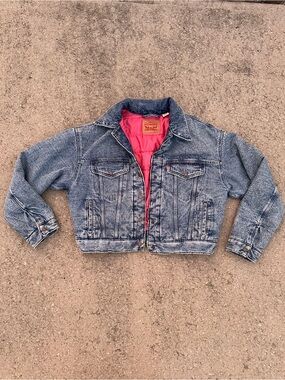 Levis Womens Acid Wash Cropped Denim Trucker Jacket Pink Quilted Lining Large